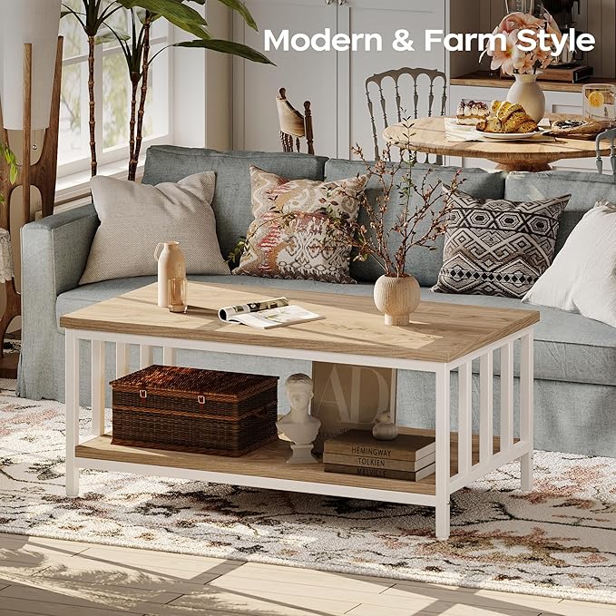 Coffee Table for Living Room with Slatted Sides Frame, Modern Farmhouse Living Room Table with 2-Tier Storage Shelf for Home Office, Apartment, 39 inch, Light Coffee