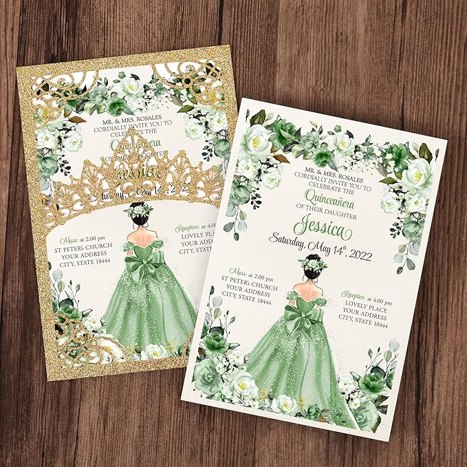 50Pcs Sage Green Crown Quinceanera Invitation for 15 year, Sweet 16, Miss XV, Birthday Laser Cut Quince Invitation Cards Personalized Glitter Gold