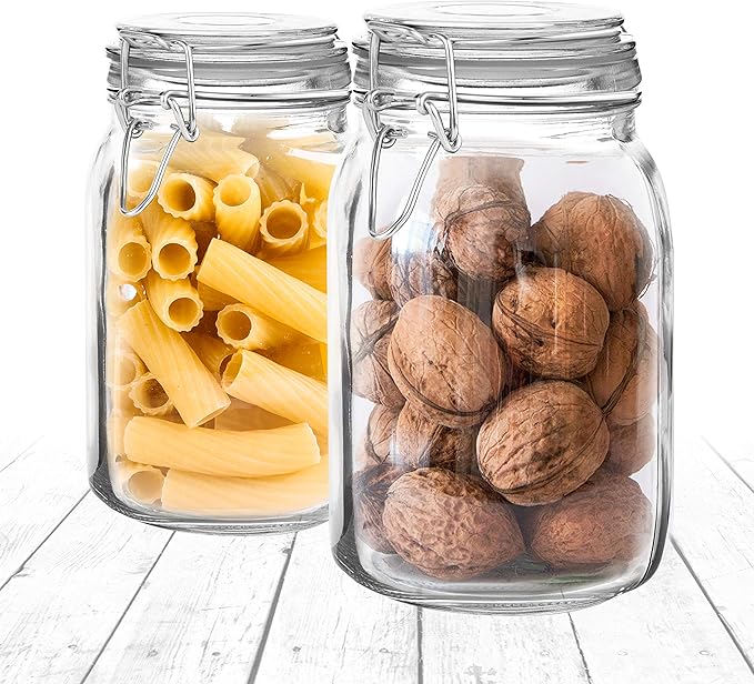 Set of 2 Large Glass Mason Jar with Lid (3 Liter) | Airtight Glass Storage Container for Food, Flour, Pasta, Coffee, Candy, Dog Treats, Snacks & More | Glass Organization Canisters 100 Ounces