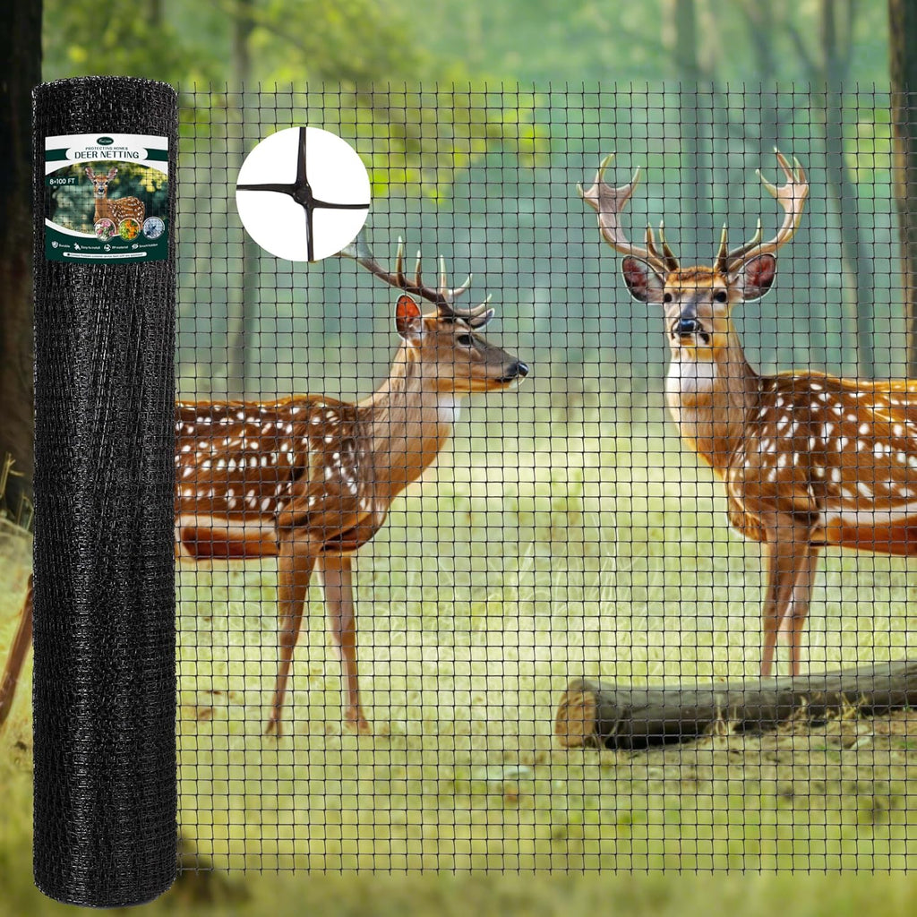 FRUITEAM Deer Fence Netting, 8FT x 100FT Heavy Duty Black PP Coated, Garden Protection Barrier, 0.7"x0.7" 70gr/sqm Mesh, Long-Lasting Yard Garden Fencing Roll