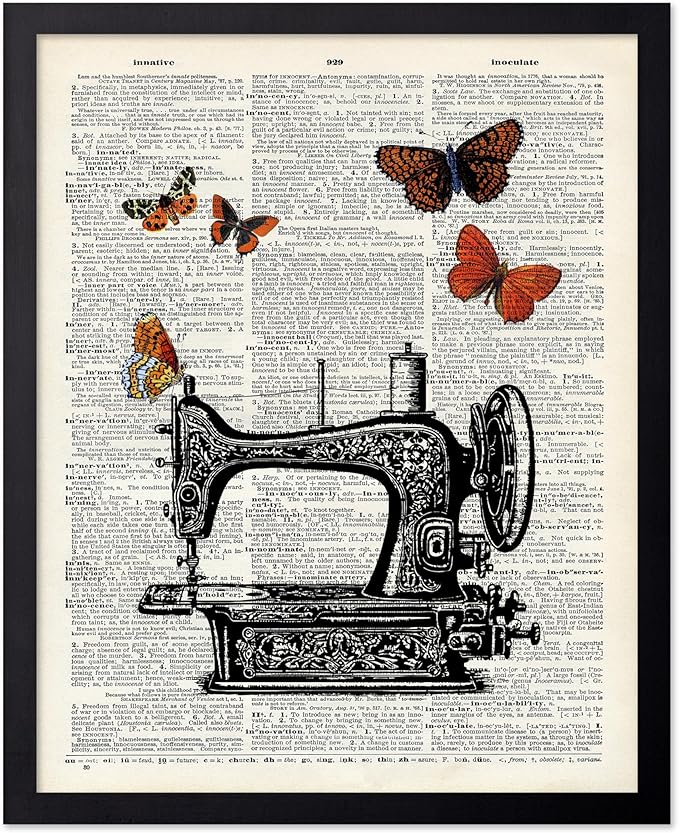 Poster Master Dictionary Art Poster - Sewing Machine Print - Sewing Art - Butterfly Art - Gift for Men, Women & Dressmaker - Chic Decor for Living Room, Bedroom or Office, 16x20 Black Framed