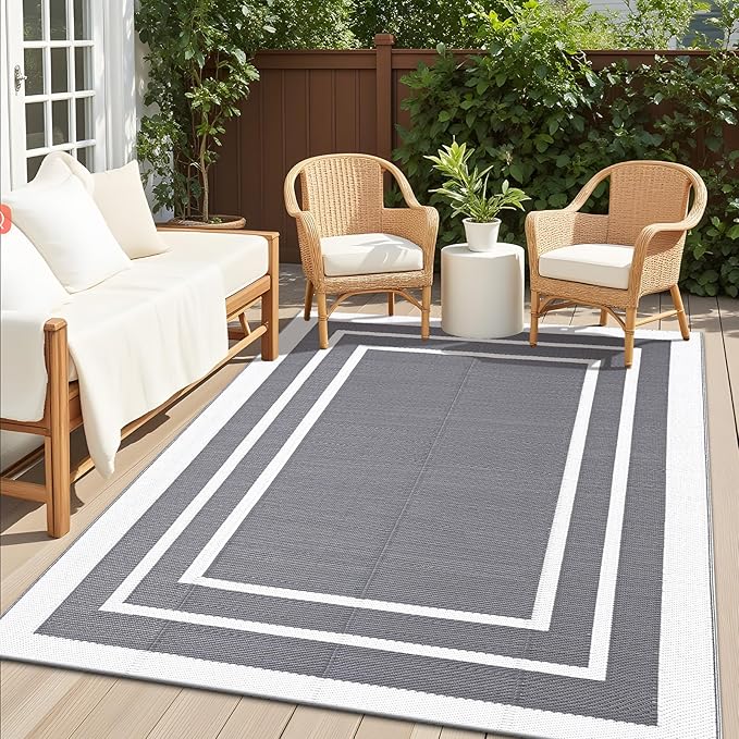 OLANLY Outdoor Rug 5x8 ft Waterproof, Reversible Outdoor Plastic Straw Rug, RV Mat, Indoor Outdoor Carpet Clearance for Patio, Camping, Balcony, Deck, Backyard, Grey & White