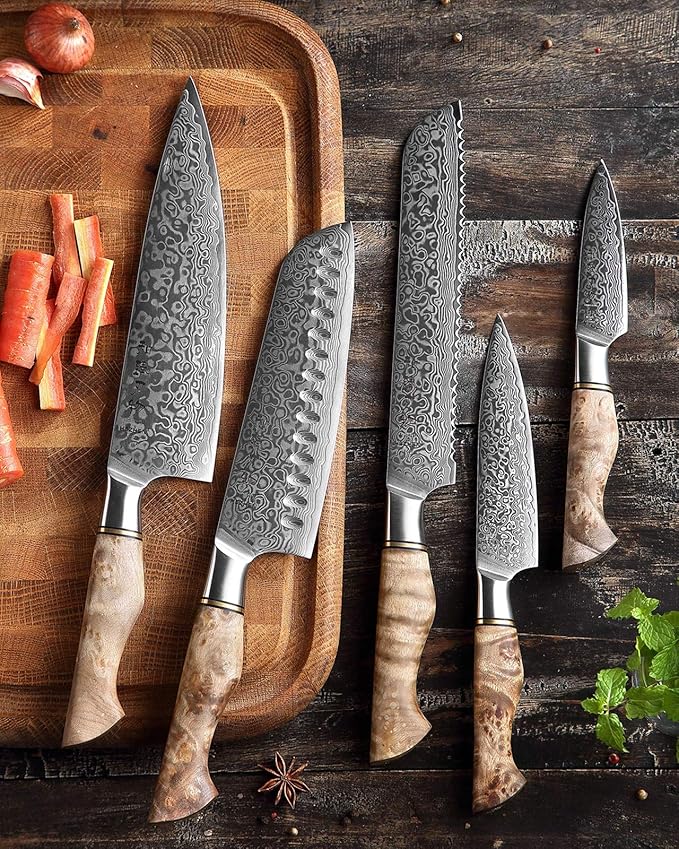 HEZHEN Damascus Kitchen Knives Set, Damascus Steel Japanese Style Chef Knife Utility Knife Santoku Knife,Figured Sycamore Wood Handle