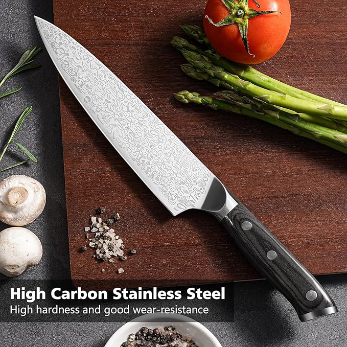 8 Inch Chef Knife, Kitchen Knife with Sharpener and Finger Guard, Professional Steel Sharp Chef's Knife Set with Ergonomic Handle, Gifts for Mom/Dad, Black