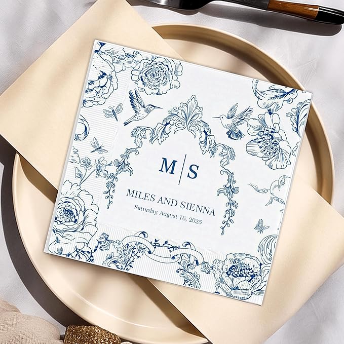 Custom Wedding Cocktail Napkins, Blue Floral Cocktail Napkins, Personalized Paper Napkin for Wedding Reception, Blue and White Flower Paper for Bridal, Engagement Party, Bridal Shower
