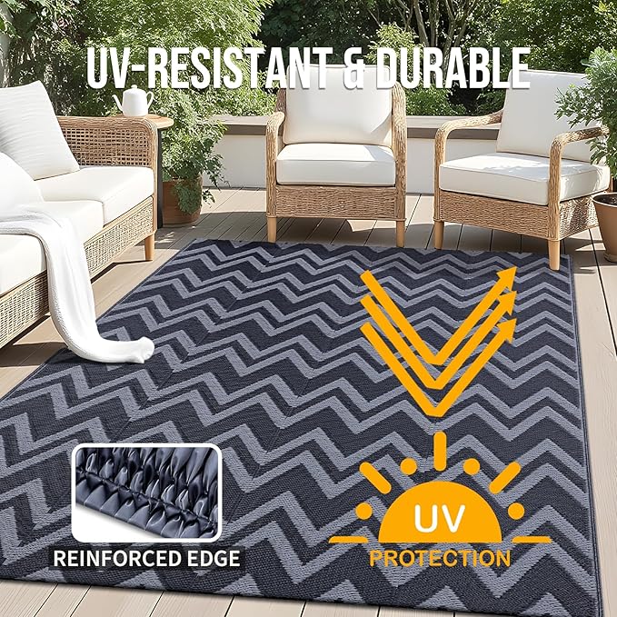 OLANLY Waterproof Outdoor Rug 5x8 ft Clearance, Reversible Outdoor Plastic Straw Rug, RV Mat, Indoor Outdoor Carpet for Patio, Camping, Balcony, Deck, Backyard, Black & Grey