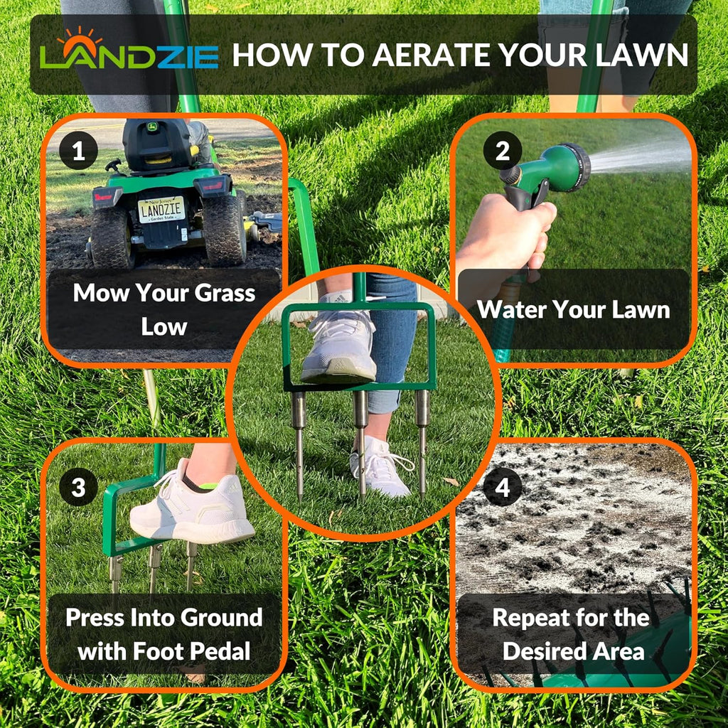 Landzie - The Original Spike Tine Fork Lawn Aerator - 42 Inch Manual Stainless Steel Gardening Hand Tool - Grass Dethatcher Aerator Lawn Tool with Solid Tines for Compacted Soil