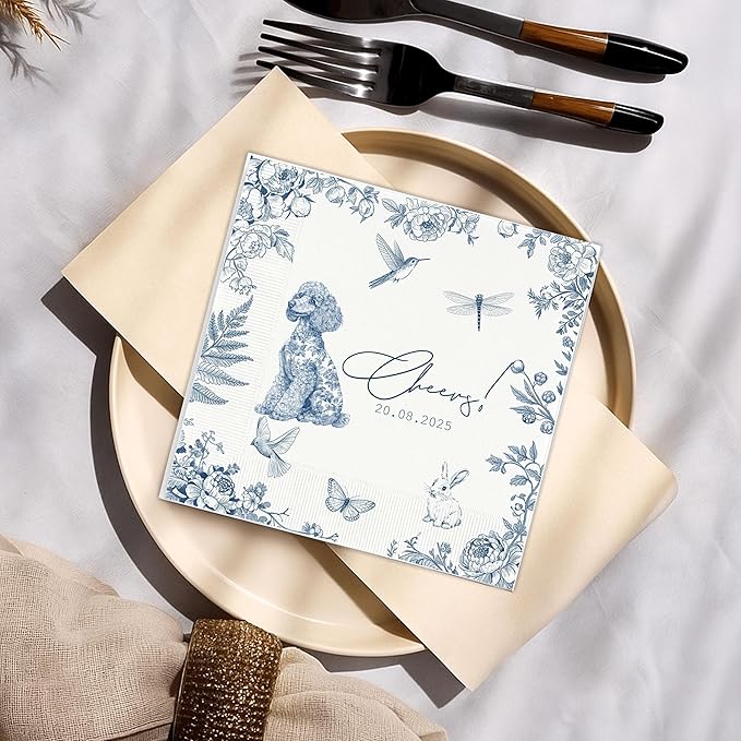 Luxury Personalized Dog Wedding Napkins, Custom Wedding Cocktail Napkin, Blue Floral Cocktail Napkins, Blue and White Flower Paper for Bridal, Engagement Party, Bridal Shower