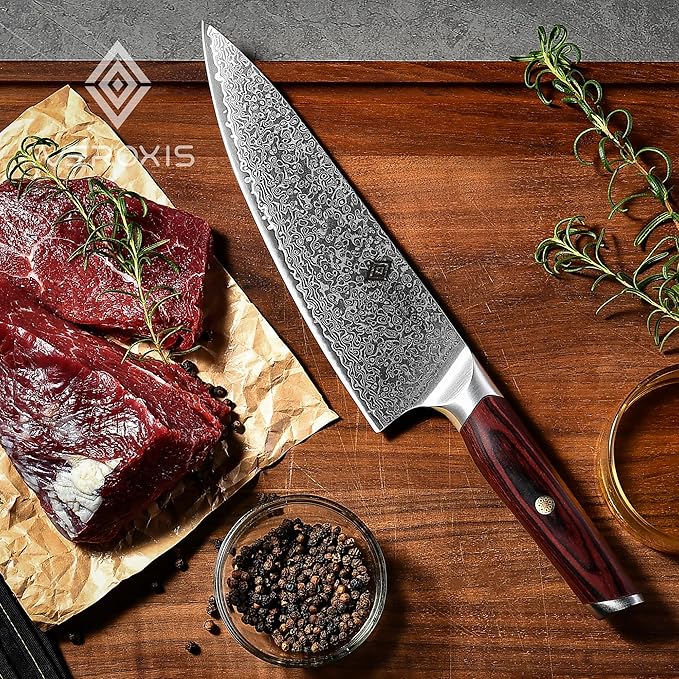 VEROXIS Damascus Chef Knife 8 Inch, Professional Japanese Kitchen Knives Sharp High Carbon Super Steel with Ergonomic Pakkawood Handles, Elegant Gift Box Packaging