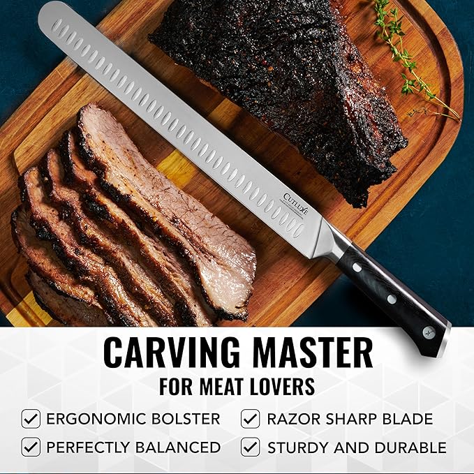 Cutluxe Slicing Carving Knife – 12" Brisket Knife, Meat Cutting and BBQ Knife – Razor Sharp German Steel, Sheath Included, Full Tang, Ergonomic Handle Design – Artisan Series