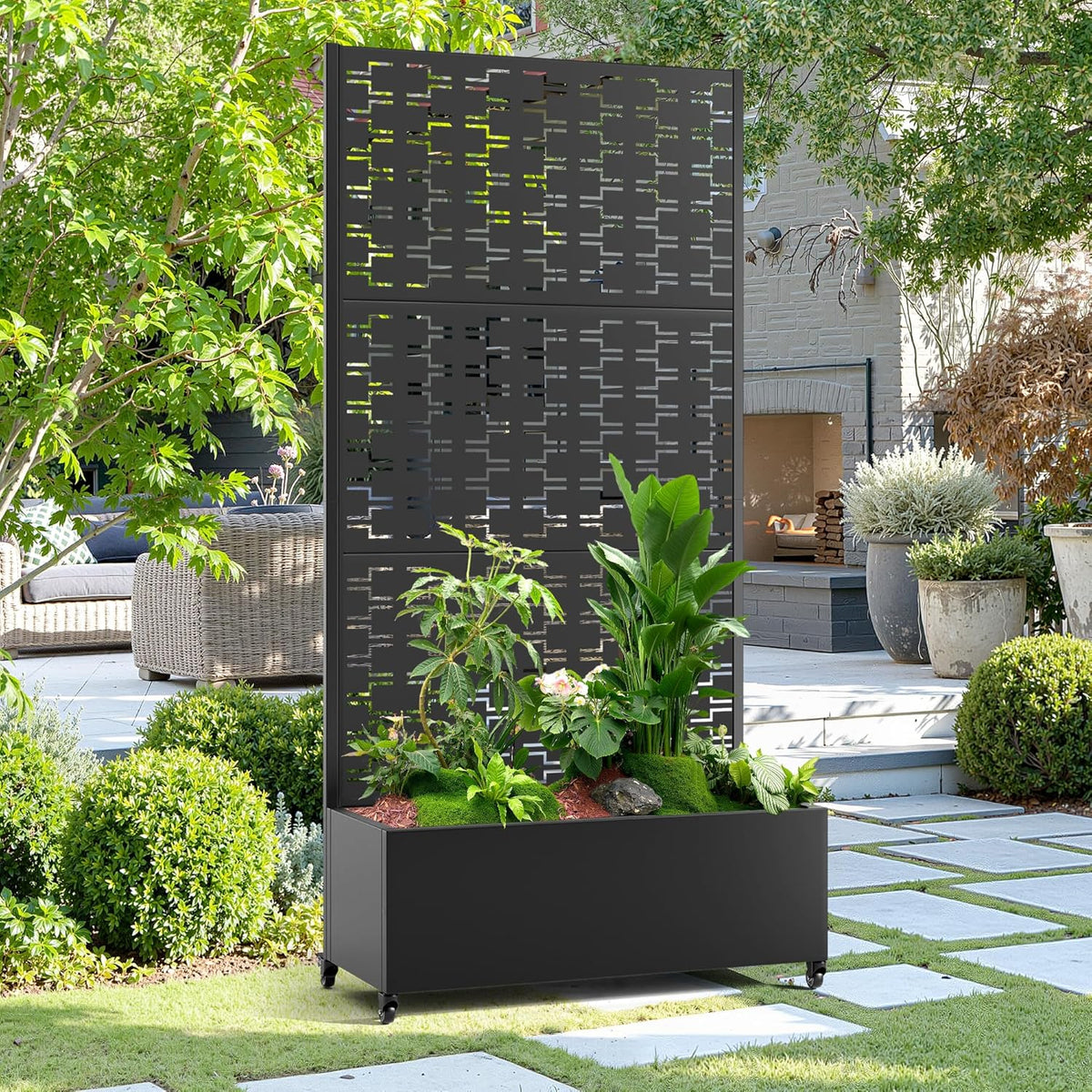 15.7"×70.9"×35.4" Metal Raised Garden Bed with Trellis and Wheels - Tall Trellis Planter Box for Climbing Plants, Vegetables & Vines - Outdoor Privacy Planters for Patio (Black-Brick)