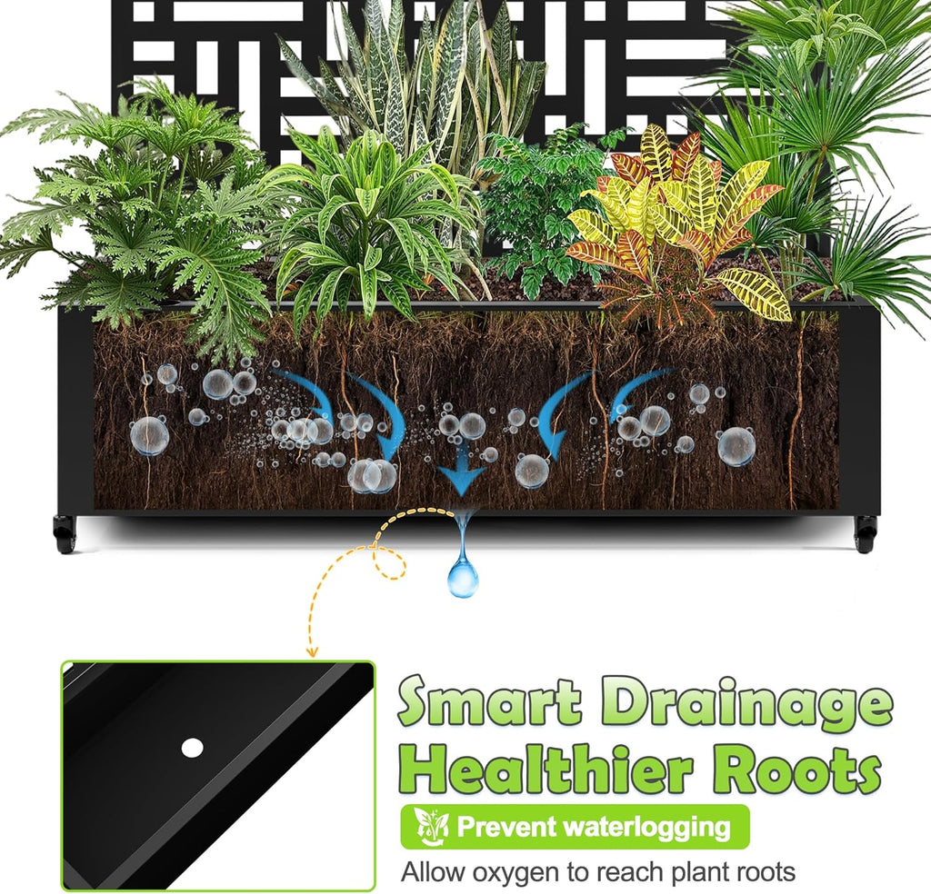 15.7"×70.9"×47.2" Metal Raised Garden Bed with Trellis and Wheels - Tall Trellis Planter Box for Climbing Plants, Vegetables & Vines - Outdoor Privacy Planters for Patio (Black-Helen)