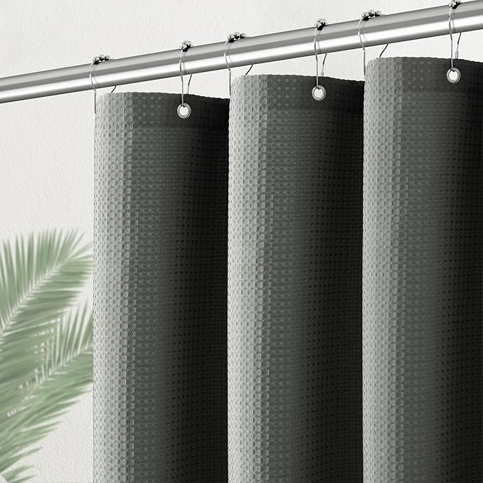 Gray Shower Curtain Waffle Weave 36 Inches Heavy Duty Stall Fabric Shower Curtain Set for Bathroom, Waterproof Weighted 256GSM Half Size Shower Curtains with 6 Hooks, 36Wx72H Grey
