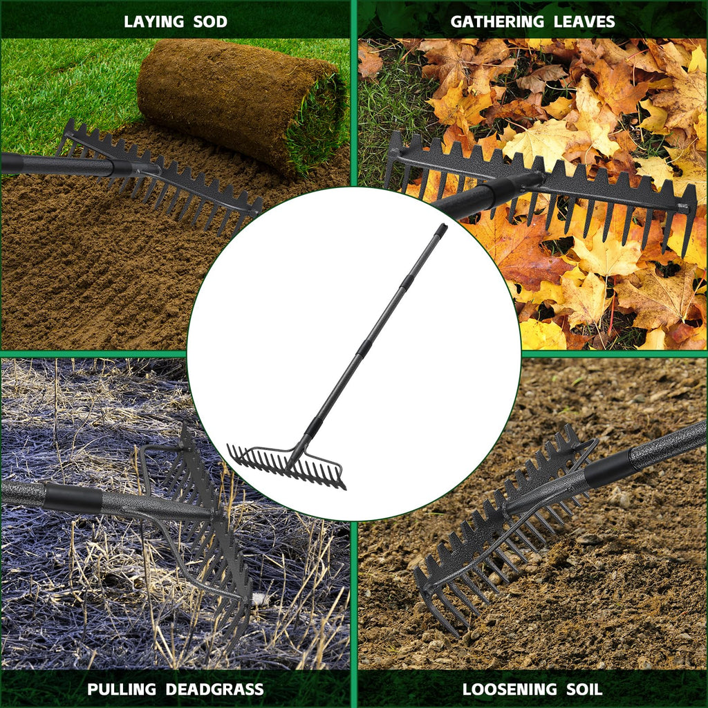 63'' Bow Rake ，17 Tines Metal Head Rakes with Stainless Steel Handle，Heavy Duty Garden Rake for Loosening Soil Gathering Leaf Leveling Lawn Farming Land Management Yarn Thatch Rake