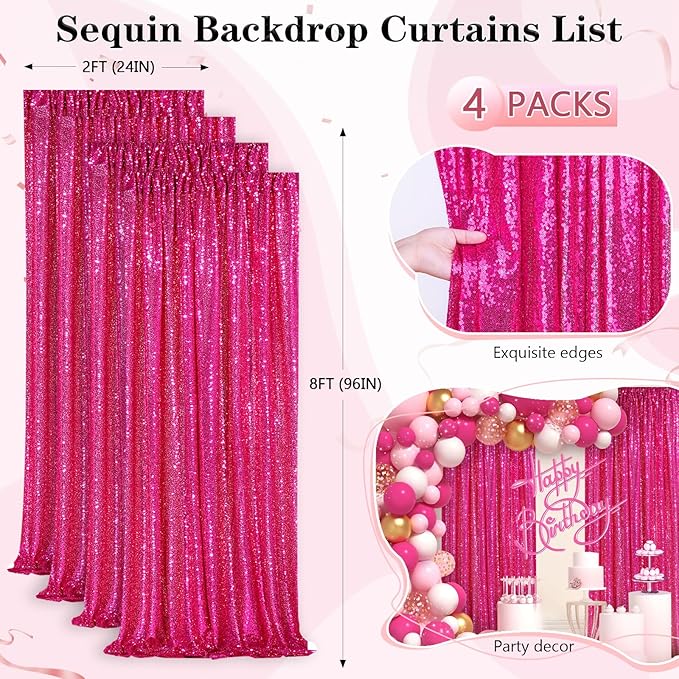 Fuchsia Sequin Backdrop Drapes 4 Panels 2FTx8FT Glitter Backdrop Curtains for Wedding Party Stage Decorations