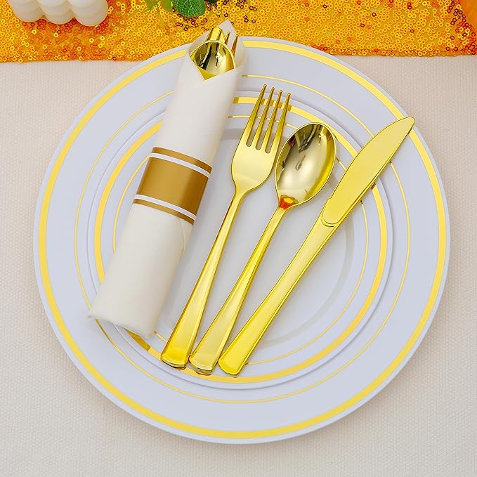 100 Pack Pre Rolled Gold Plastic Silverware Set with Napkins,Disposable Wrapped Heavy Duty Cutlery Set for Wedding Birthday Party-100 Forks,Knives,Spoons,Utensils Set,Plasticware Bulk