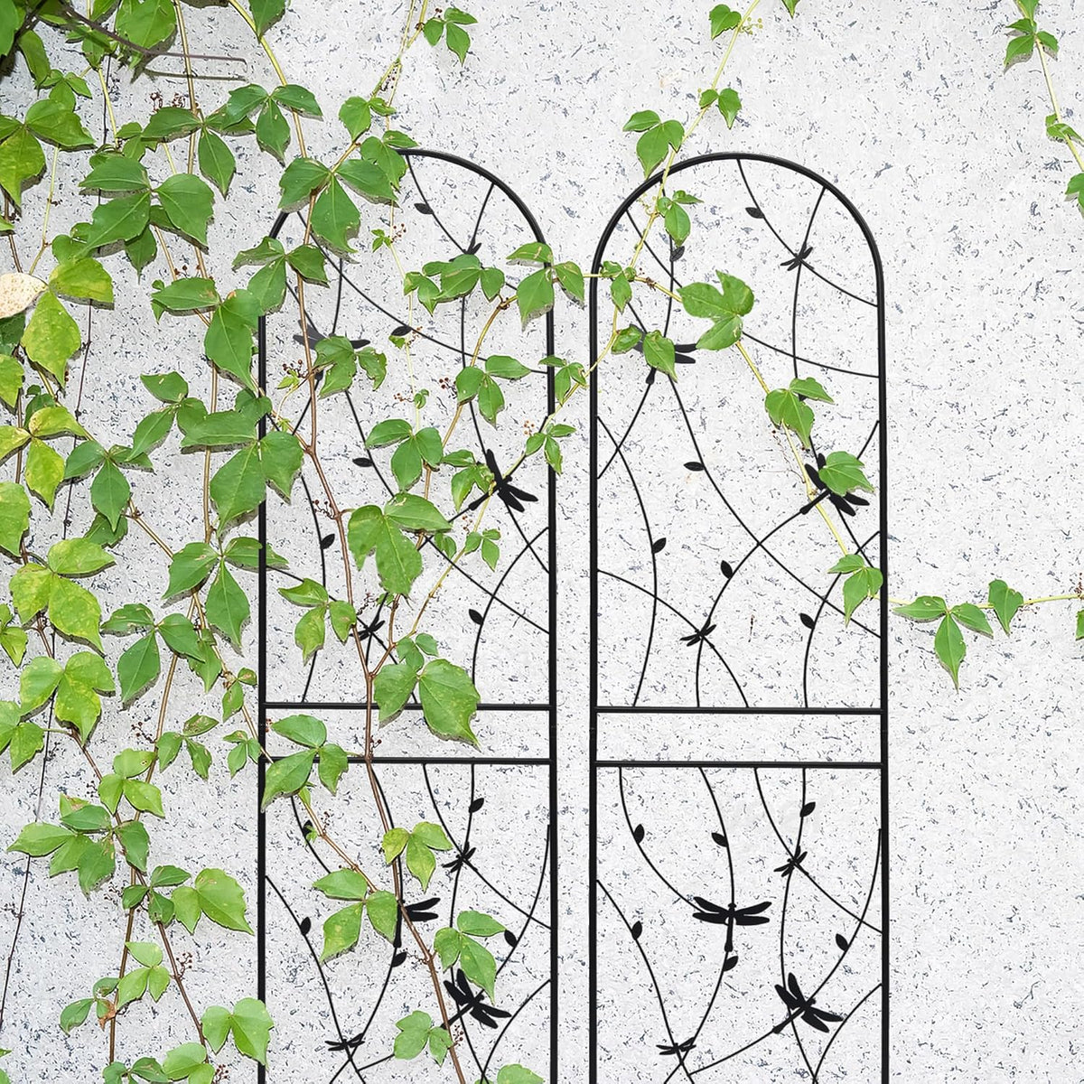 4 Pack Metal Garden Trellis 86.7" Tall Outdoor Climbing Plant Support for Roses, Flowers, Rustproof Durable Black Galvanized Tube, Lawn Garden Fence Decor Screen (4, Black dragonflies-86.7" H)