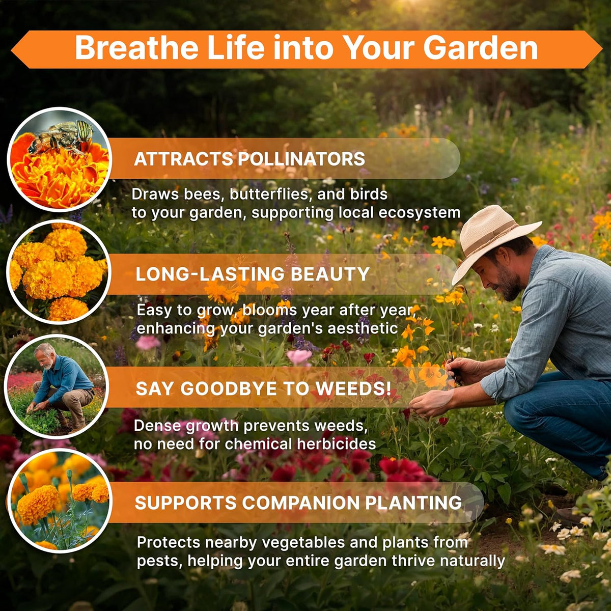 Marigold Seeds Pack 1 oz - Over 9,250 Non-GMO Heirloom Marigold Seeds for Planting Indoor & Outdoor Gardening, Flower Seed for Planting Home and Garden, Flowers Seed in Individual Packet