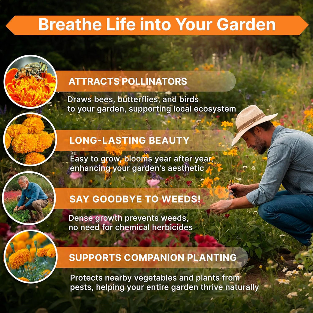 Marigold Seeds Pack 4 oz - Over 37,000 Non-GMO Heirloom Marigold Seeds for Planting Indoor & Outdoor Gardening, Flower Seed for Planting Home and Garden, Flowers Seed in Individual Packet