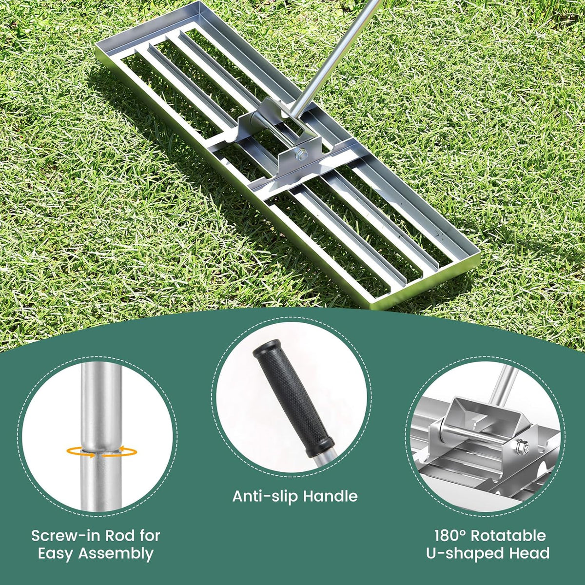 Goplus Lawn Leveling Rake, 36" x 10" Heavy Duty Level Lawn Tool w/ Ergonomic Handle for Soil, Effort-Saving Landscape Rake for Garden, Backyard, Golf Course, Farm, Pasture, Silver