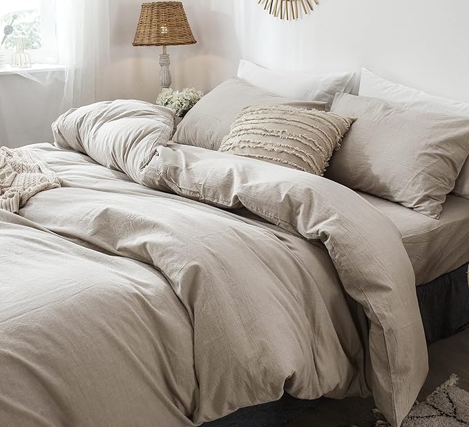 MooMee Bedding Duvet Cover Set 100% Washed Cotton Linen Like Textured Breathable Durable Soft Comfy (Heathered Tannish Linen Grey, Palatial King/Oversized King 120"x98")