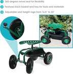Sunnydaze Rolling Garden Cart with Seat - Garden Stool with Wheels and Adjustable 360-Degree Swivel Seat - Utility Tool Tray and Storage Basket - Green