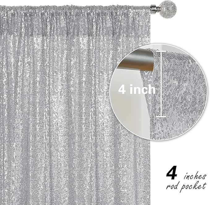 Silver Sequin Backdrop Curtain 2 Pieces 2FTx8FT Glitter Photography Backdrop for Party Wedding Birthday Christmas Decorations
