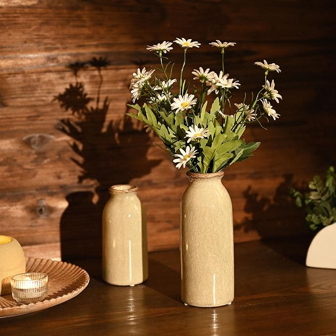 VICTOR & TERESA Green Ceramic Vases Home Decor, Farmhouse Vase for Flowers, Flower Vase Set of 2, Rustic Decorative Vases for Pampas Grass, Table, Living Room, Shelf, Centerpieces, 8 inch