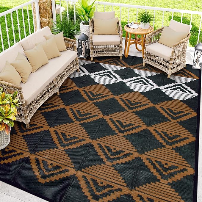Beeiva Waterproof Outdoor Rug 9x12, Reversible Plastic Straw Outdoor Camping Rugs, Modern Geometric Foldable Patio Mat for Porch, Deck, Backyard, Balcony, Picnic - Black & Brown