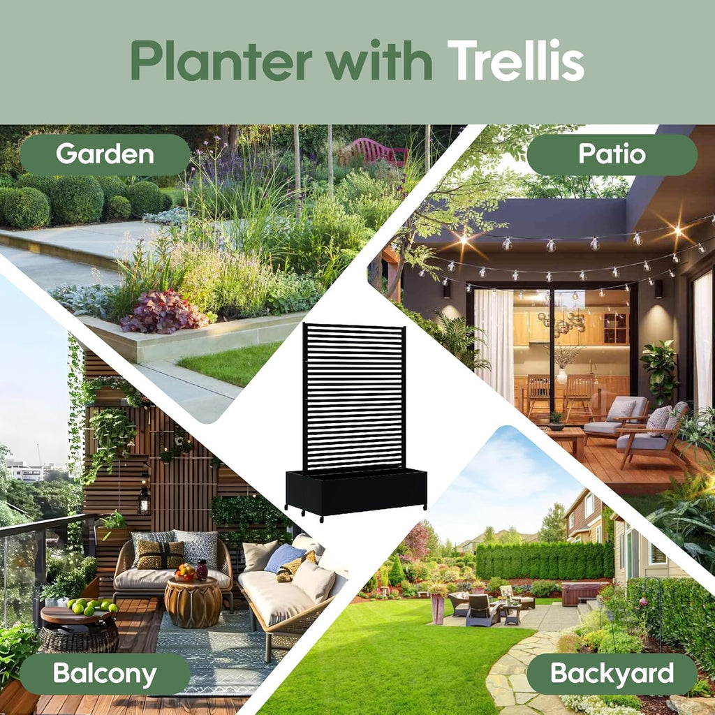 Double Metal Planter Box with Trellis Privacy Screen, Raised Garden Bed with Trellis & Wheels, Planter Box Outdoor with Drainage Holes for Climbing Plants, Vegetable, Vines,73"x 47"x 30", Black