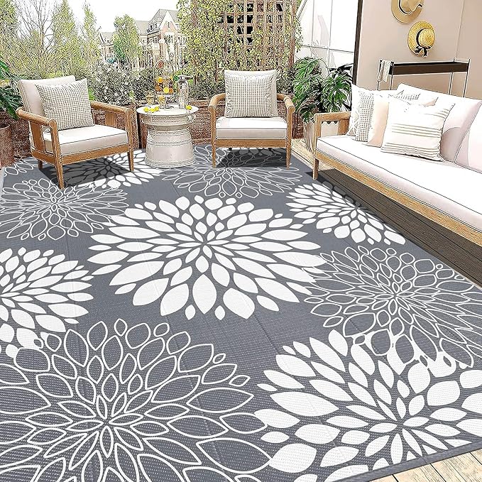 Ileading Reversible Outdoor Rug 9x12Ft Waterproof Patio Rug Carpet Portable Outdoor Plastic Straw Rug Large RV Camping Mat Rug for Patio, Clearance, Deck, Beach, Porch, Camping, Picnic, Grey