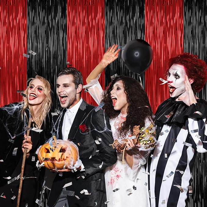 2 Pack Backdrop Curtains, 3.28 FT x 7.05 FT Black and Red Party Decor, Metallic Party Streamer Tinsel Foil Fringe Curtains, Foil Curtains Backdrop Halloween Decorations Party Supplies