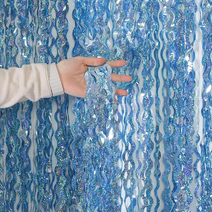 4 Pack Wavy Blue Tinsel Backdrop Streamers Party Decorations 3.3x6.6 Feet | Foil Fringe Curtain Ocean Themed | Blue Birthday Decorations