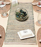 Chardin home Natural Jute Table Runner 13x48 Inch – Vintage Boho Rustic Table Decor – Handwoven Table Runner in Natural Jute and Green – Farmhouse Dining or Console Table Accent