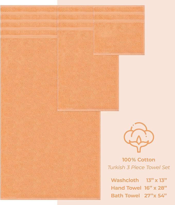 American Soft Linen Premium 3 Piece Towel Set, 1 Bath Towel 1 Hand Towel 1 Washcloth, 600 GSM 100% Cotton Turkish Towels for Bathroom, Peach Towel Set
