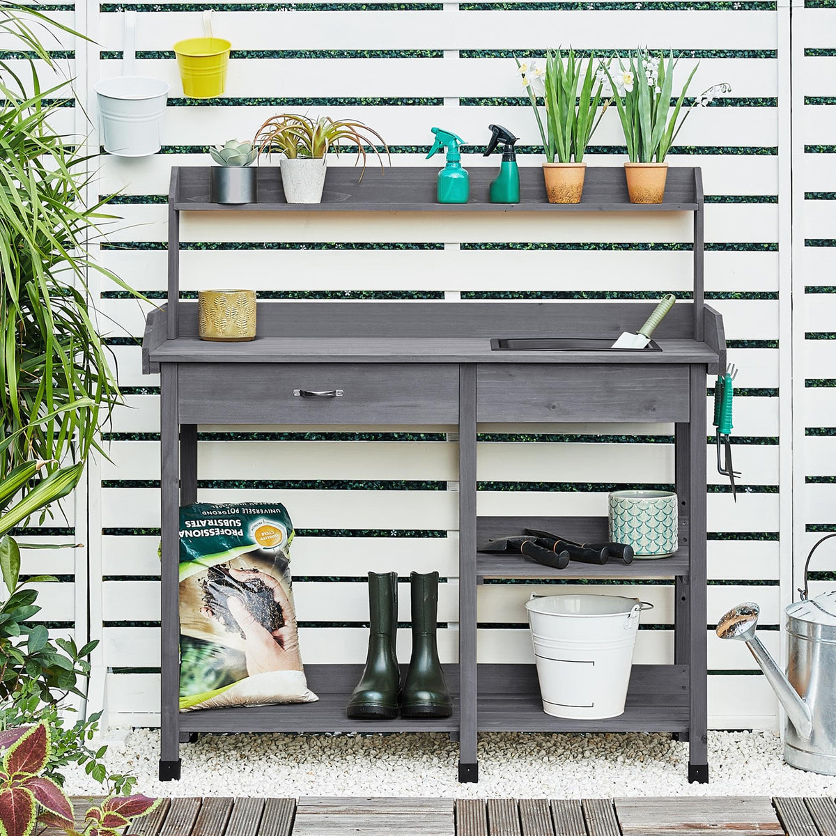 Yaheetech Potting Bench with Sink & Drawer, Outdoor Gardening Table, Gray
