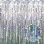 GOER 3.2 ft x 8.2 ft Metallic Tinsel Foil Fringe Curtains Party Photo Backdrop Party Streamers for Birthday,Graduation,New Year Eve Decorations Wedding Decor (1 Pack, Shiny Silver)
