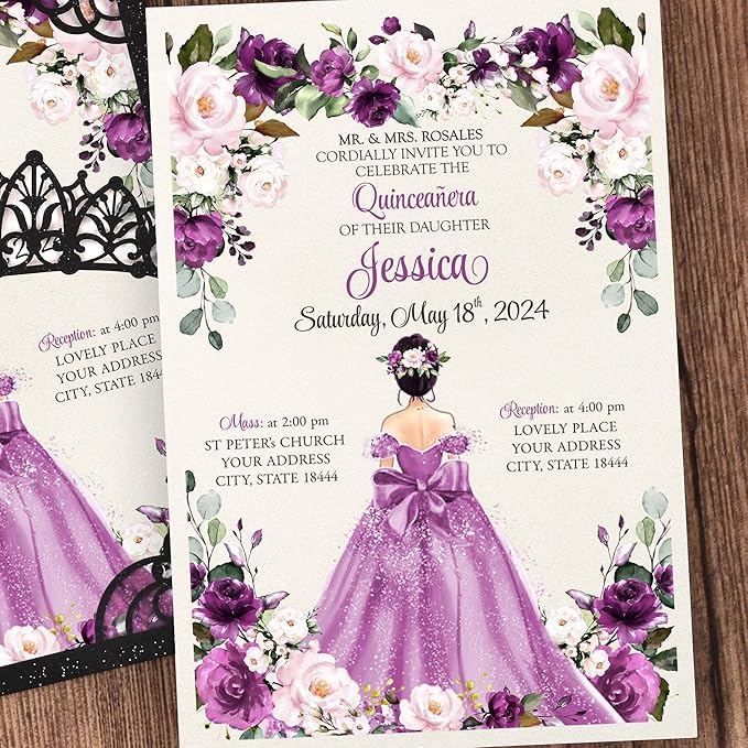 50Pcs Blank Pearlized Black Crown Invitations for Quinceanera, 15 year, Sweet 16, Miss XV, Birthday Laser Cut Quince Invitation Cards