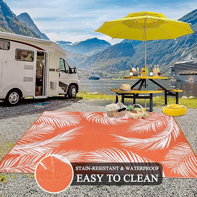 Pauwer Waterproof Outdoor Rug 6x9, Reversible Plastic Straw Patio Camping Rug, Indoor Outdoor RV Mat Carpet for Deck, Camper, Porch, Balcony, Backyard, Picnic, Leaf Orange