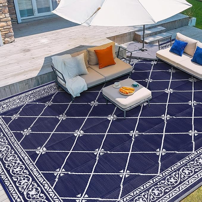 Outdoor Rug 8'x10' for Patios Waterproof Patio Rugs Outdoor Mats for Front Porch,Beach Mat,Reversible Plastic Straw Camping Rugs for Outside RV,Deck,Balcony,Backyard Navy Blue