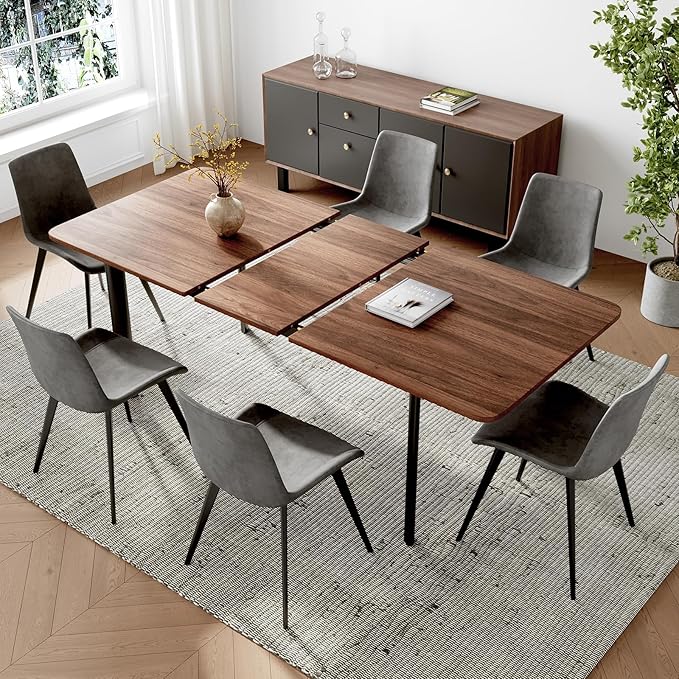 63"- 78.7" Extendable Dining Table Set for 6, Modern Kitchen Table with 6 PU Leather Chairs, Thickened Expandable MDF Wooden Table with Metal Legs for Dining Room, Kitchen, Living Room