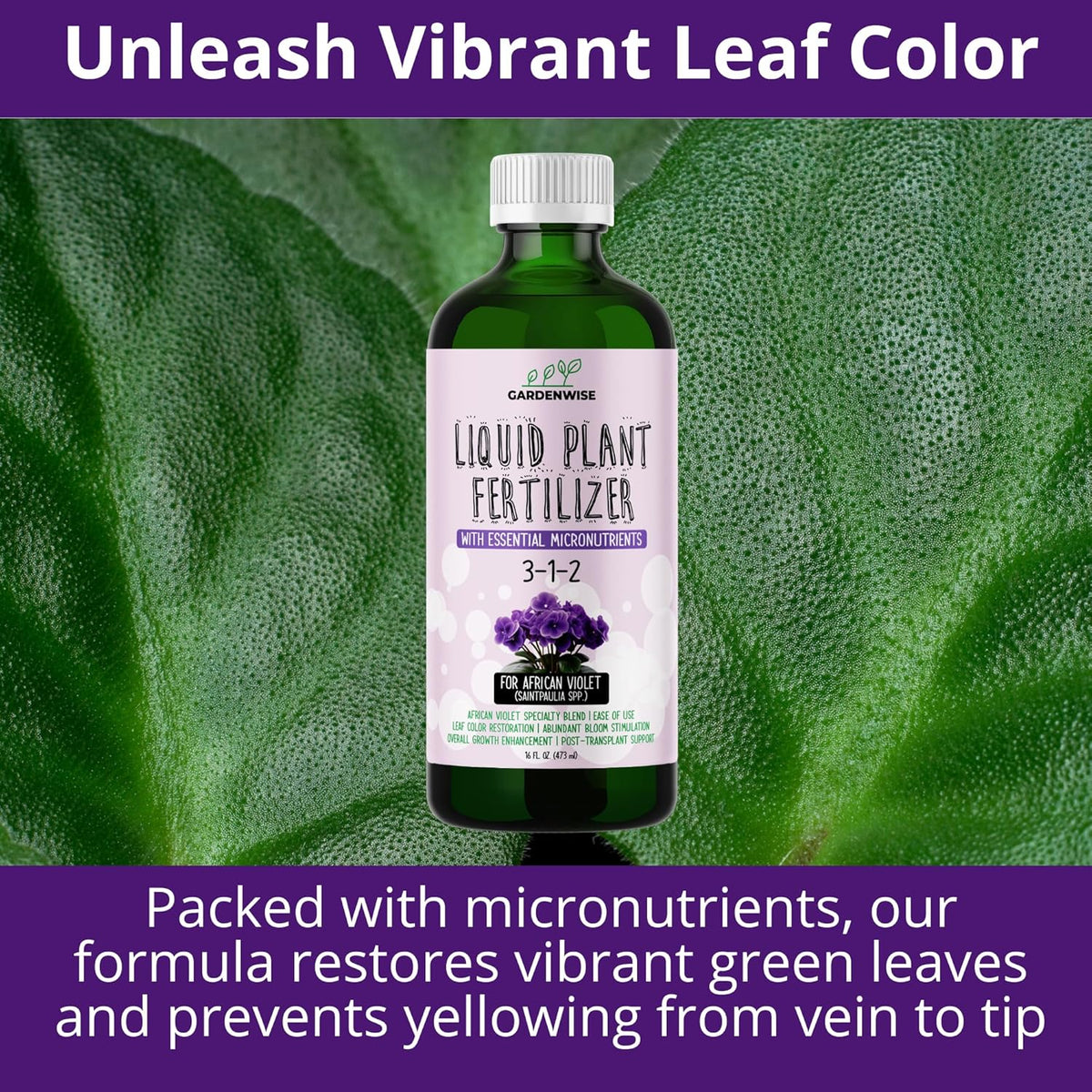 3-1-2 African Violet Fertilizer for Indoor Plants: Liquid Fertilizer with Essential Micronutrients Drops - Plant Food for African Violets (32 OZ)