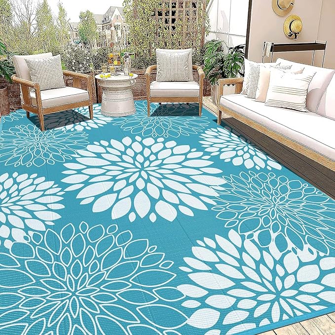 Ileading Reversible Outdoor Rug 9x12Ft Waterproof Patio Rug Carpet Portable Outdoor Plastic Straw Rug Large RV Camping Mat Rug for Patio, Clearance, Deck, Beach, Porch, Camping, Picnic, Teal