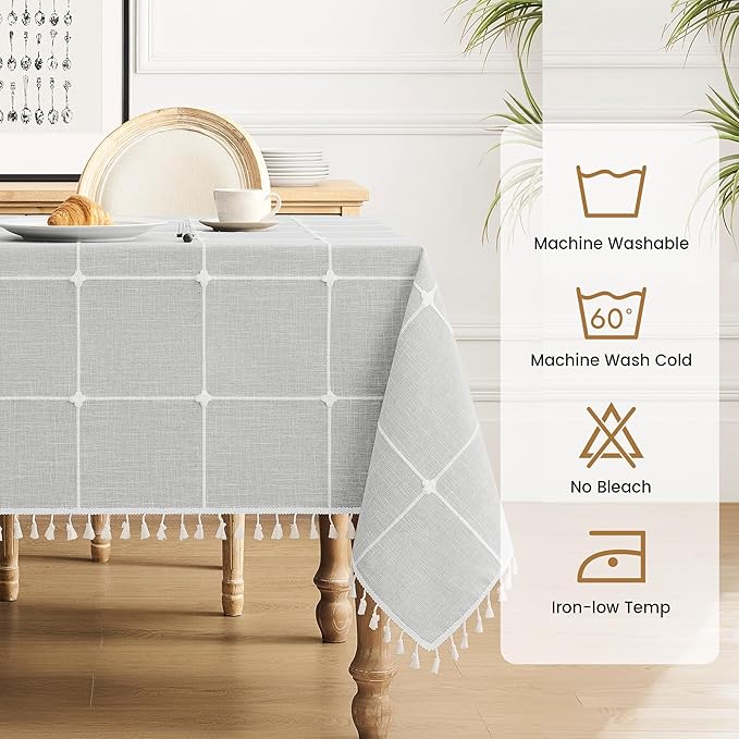 puredown® Plaid Rectangle Tablecloth, Waterproof Cotton Linen Tablecloth with Tassel, Rustic Farmhouse Table Cloths for Kitchen Dining Outdoor, 55"x86",6-8 Seats, Gray