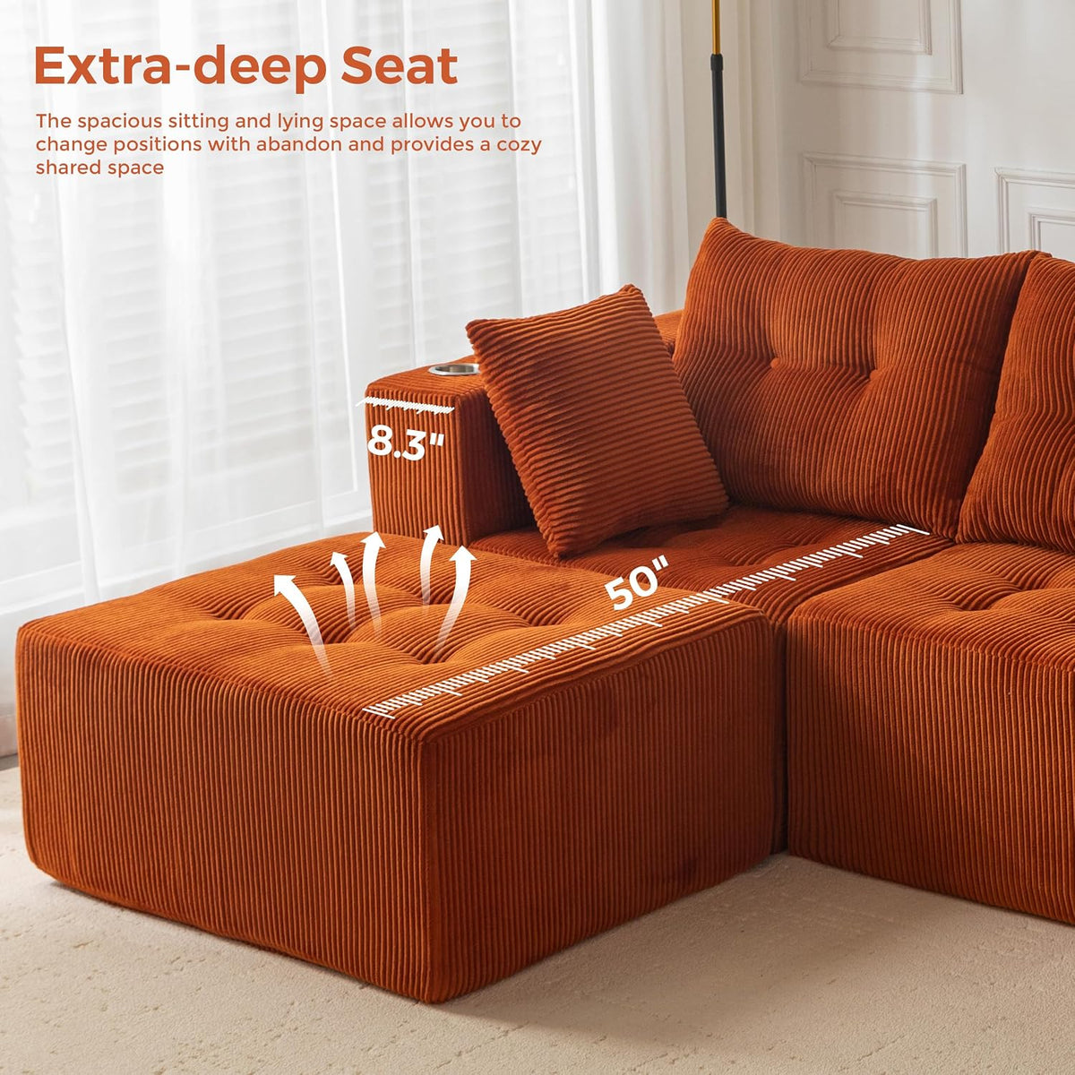 MAXYOYO Couch, L-Shaped Modular Cloud Couch, 4-Seat Sofa, Ottoman | Orange Tufted Sofa in a Box Includes One Ottoman, No Assembly, Offering Flexible 4-Seat Comfort for Modern Living Rooms