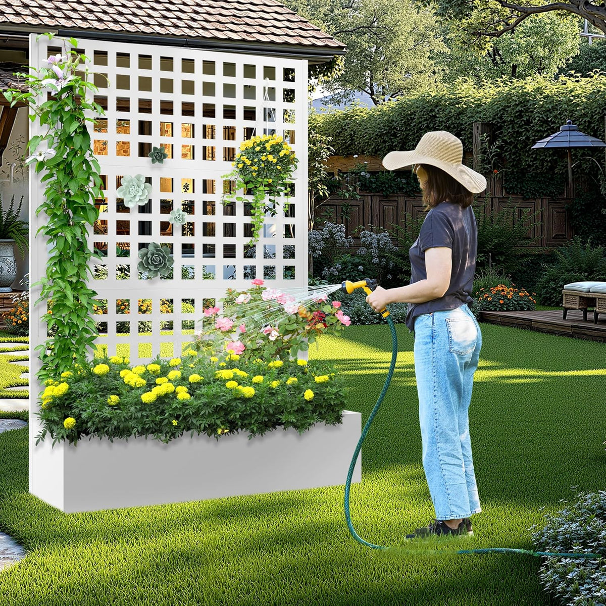 Metal Raised Garden Bed with Trellis, 2 in 1 Trellis with Planter Box & Privacy Screen for Climbing Plants, Vine, Outdoor Standing Flower Beds with Drainage Holes, 47.2"L x 16.7"W x 70.8"H, White
