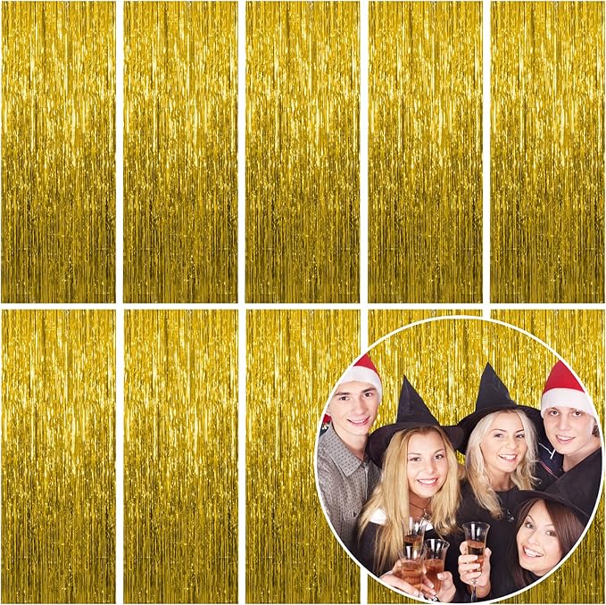 10 Pack Foil Curtain Backdrop Gold Metallic Tinsel Foil Fringe Curtains Photo Booth Props for Birthday Wedding Engagement Baby Shower Bachelorette Christmas Holiday Celebration Party Decorations