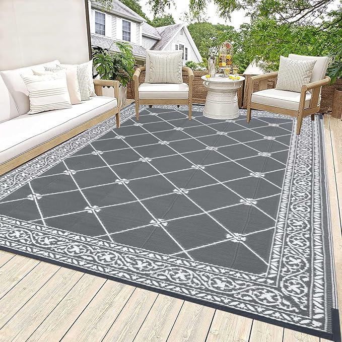 HiiARug Reversible Mats Outdoor Rug 6'x9' for Patio Plastic Straw Patio Rugs Outdoor Rugs Large Floor Mat for Ourdoor Decor,Garden, Patio, Backyard, Deck, Picnic, RV, Camping (Grey)