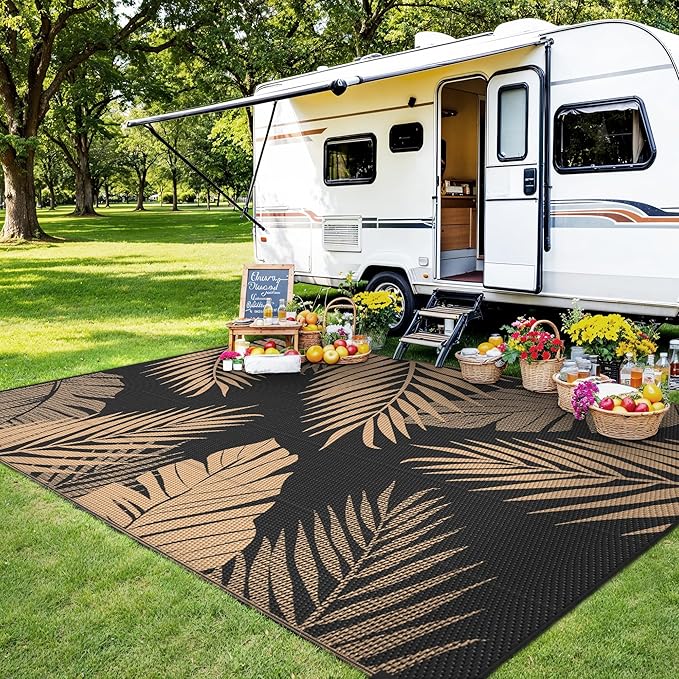 Outdoor Rug 9’x12’ Waterproof for Patio Clearance, Reversible Indoor Outdoor Plastic Straw Camping Rug Carpet, RV Mat, Large Area Rug for Deck, Backyard, Balcony, Porch, Beach, Black & Brown