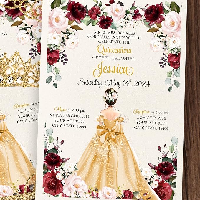 50Pcs Gold Crown Quinceanera Invitation for 15 year, Sweet 16, Miss XV, Birthday Laser Cut Quince Invitation Cards Personalized Glitter Gold
